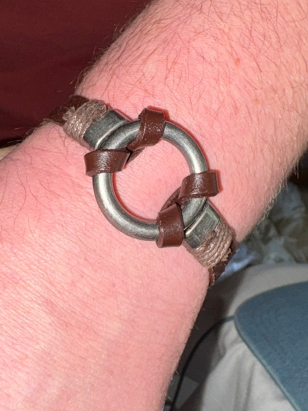Men's Brown Leather Bracelet with Silver Ring Accent
